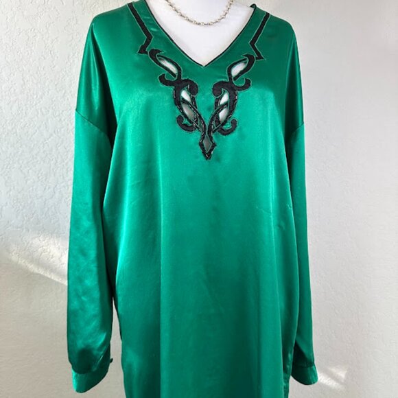Vintage Victoria's Secret Emerald Green Black Embellished Caftan Night Gown M - Picture 1 of 12